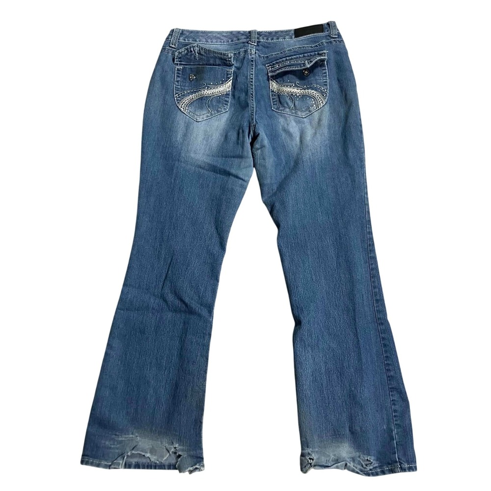 Y2K Rhinestone Distressed Womens Flare Jeans Blue Embroidered Size 15/16R